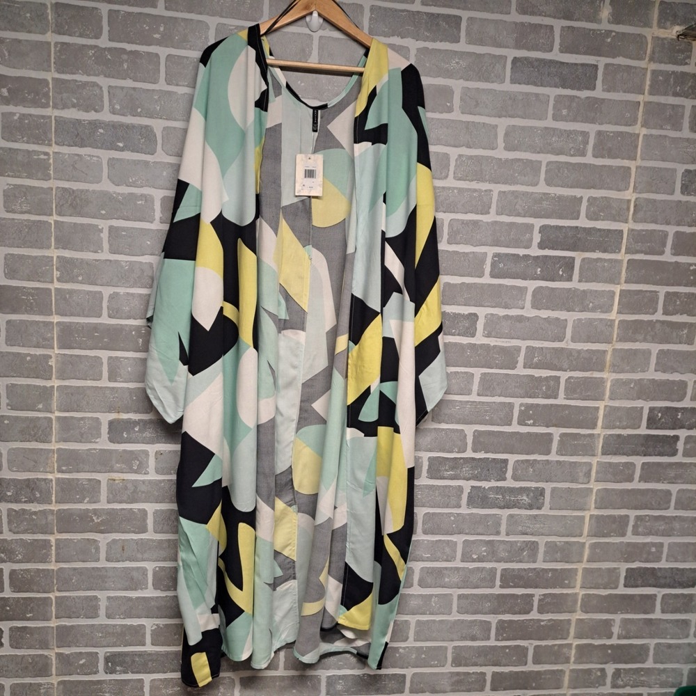 Raviya Plus Size Printed‎ Open-Front Kimono Cover-up - Yellow Abstract ,2X  NWT
